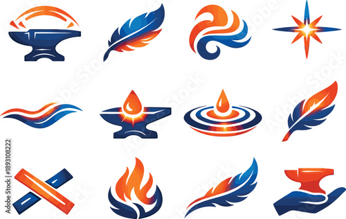Two-Color vector icons of forging harmony linked to metal-feather creation: anvil arc, soft plume, warm curl, spark beam; glowing