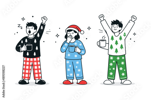 Festive Pajama Morning. Wearing holiday pajamas morning scene. People in festive pajamas stretching or yawning with mugs in hand. Slow holiday morning and