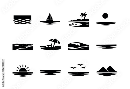 Ocean Serenity Icons. Ocean serenity. Solid icon set of Ocean serenity: still sea, sailboat in distance, peaceful shoreline, clear sky, morning tide, empty