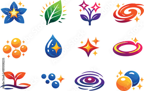 Two-Color vector icons of celestial flora: star bloom, radiant leaf, cosmic stem, nebula curl, pollen bead, dew shine, tiny flare