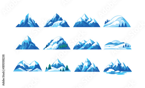 Vivid Snowy Mountain Icons. Snowy mountains. Colorful flat vector icons set of snowy mountains: icy peak, glacier mountain, winter mountain range, snowdrift