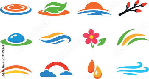Two-Color vector icons of serene mornings: calm ripple, leaf rest, horizon bend, branch silhouette, dew bead, soft wind mark,
