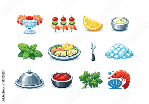 Seafood Appetizer Icons. Seafood appetizers. Colorful flat vector icons set of seafood appetizers: shrimp cocktail, mini skewers, lemon slice, dipping sauce