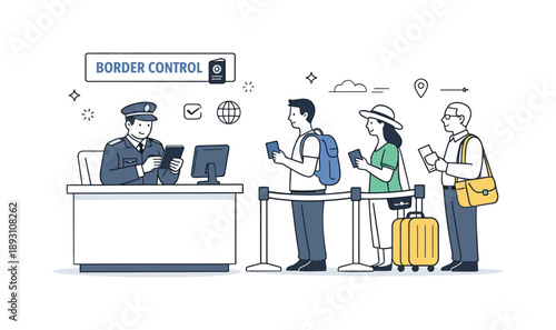 Passport Control Checkpoint. Border crossings. An officer checking passports at a counter, travelers waiting patiently in line. The scene highlights procedure,