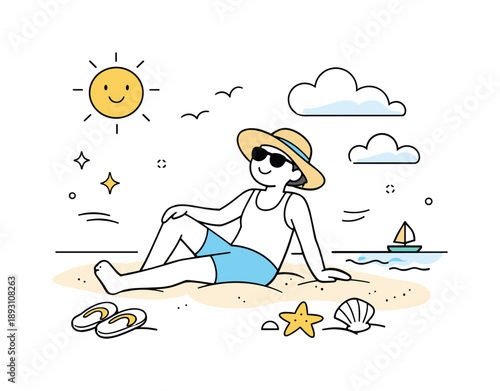 Beachside Tranquility. Sunbathing on beach. A person sitting on the sand with sunglasses and a hat, enjoying warmth and quiet rest. Peaceful summer feeling
