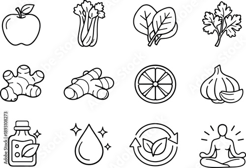 Line style icons of Cleanse diet foods: green apple, celery, spinach, parsley; ginger root, turmeric, lemon slice, garlic; detox,