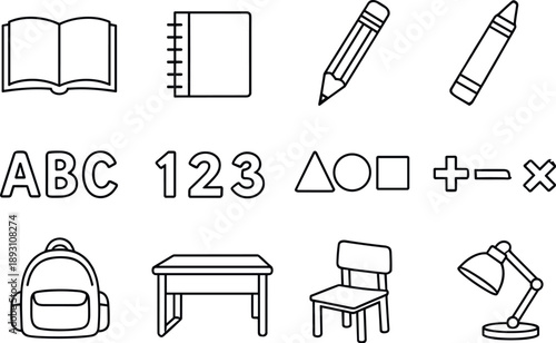 Child Education Icons. Line style vector icons of child education: book, notebook, pencil, crayon; alphabet, numbers, shapes,