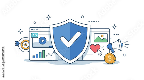 Secure Digital Marketing Platforms. Cybersecurity for digital marketing and advertising platforms ? platform trust. Abstract editorial scene of secured