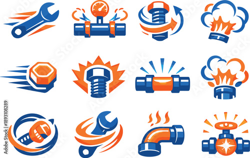 Two-Color vector icons of enhanced pipe mechanics expanding wrench–bolt–steam themes: dynamic wrench, pressure pipe, twisting