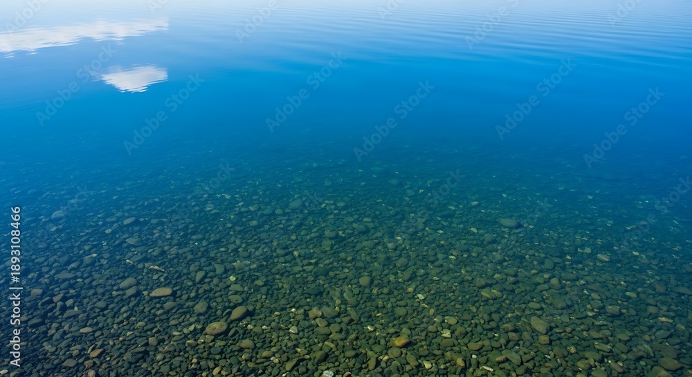 Fototapeta premium Crystal clear blue water reveals smooth pebbles on the lakebed under a bright sky