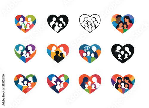 Multicultural Family Icons. Raising children in multicultural families. Icon set. Set Logo of Raising children in multicultural families: heart with