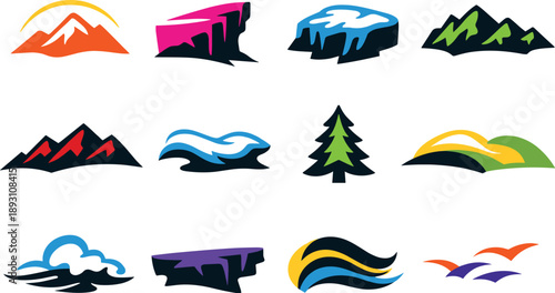 Two-Color vector icons of alpine silhouettes: summit arc, cliff edge line, glacier patch, rocky spine, ridge crest, snow drift