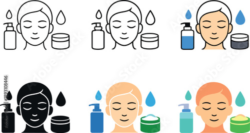 Skincare self care routine icon portraying a peaceful face with nearby cosmetic items and water drops to communicate cleansing