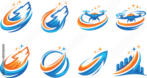 Aerial Energy Icons. Two-Color vector icons of uplifting aerial energy: rising howl arc, elevated muzzle line, upward drone crest,