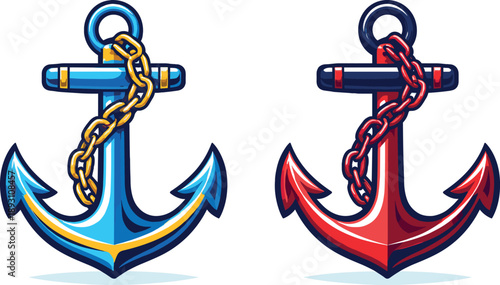 Two-Color vector icons of nautical anchor symbol: classic fluke arc, straight shank line, chain-link cluster, soft ring loop;
