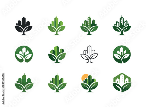 Sustainable Urban Gardening Logos. Sustainable gardening and urban green spaces. Icon set. Set Logo of sustainable gardening and urban green spaces: plant