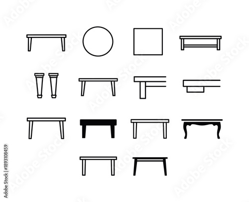 Table Outline Icons. Table. Line icon set of Table: rectangular dining table, round table top view, square table, coffee table, wooden table legs, table side