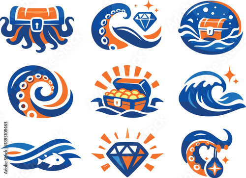 Two-Color vector icons of underwater treasure motifs expanding tentacle–chest imagery: chest crest, curved limb hint, gem sparkle
