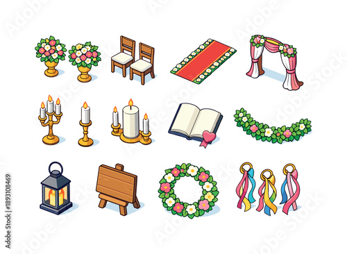 Colorful Ceremony Icons. Ceremony decor. Colorful isometric vector icons set of ceremony decor: altar flowers, ceremony chairs, aisle runner, arch drape,