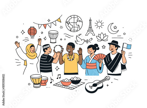 Cultural Unity Celebration. Global cultural festival concept. People from different cultures celebrating together with mixed symbols and decorations. Unity,