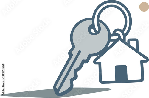 House key and keyring in side-angled view, positioned in the right third for copy space, calm Japandi simplicity, flat vector