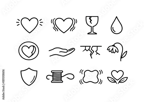 Emotional Vulnerability Icons. Emotional vulnerability. Line icon set of Emotional vulnerability: open heart, trembling outline, fragile symbol, soft teardrop,
