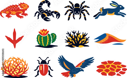 Two-Color vector icons of desert wildlife: horned lizard stance, scorpion tail arch, tarantula outline, jackrabbit leap,