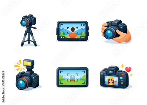 Isometric Camera Icons. Photo shooting. Isometric flat vector icons set of photo shooting: camera on tripod, photographer camera view, handheld camera, camera