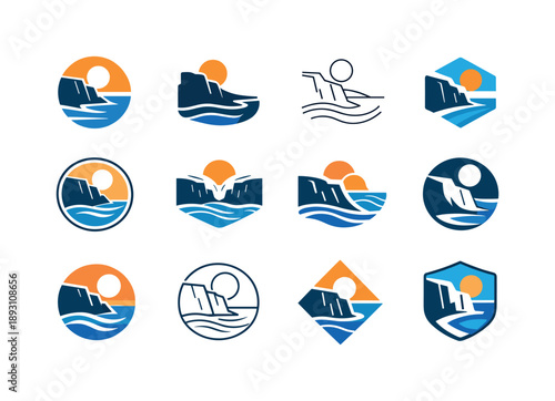 Coastal Logo Variations. Beach landscapes and coastal beauty. Icon set. Set Logo of Beach landscapes and coastal beauty: coastal cliffs meeting the sea.