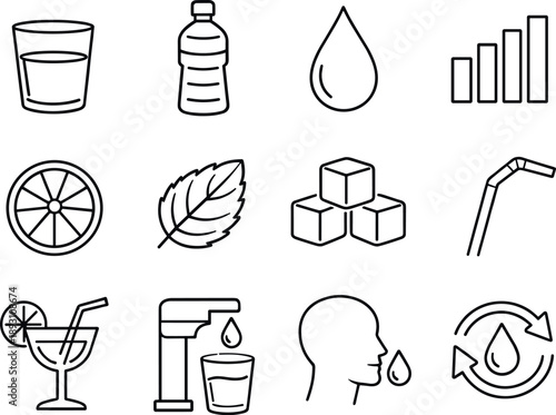 Line style vector icons of Hydration water icons: water glass, water bottle, droplet, hydration level; lemon slice, mint leaf,