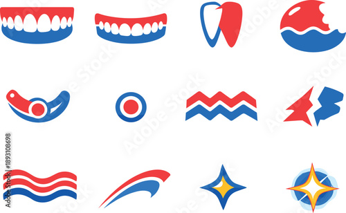 Two-Color vector icons of jaw and bite elements: upper jawline, lower jaw arc, tooth edge, bite shape, curve hinge, dot mark,