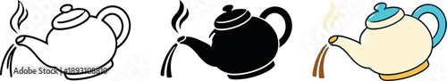 Pouring comfort illustrated by a teapot with arched spout and lid captured mid-serve to suggest freshly prepared hot drinks —