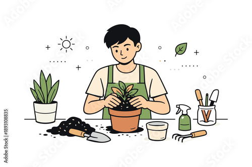 Minimalist Indoor Gardening. Indoor gardening people. A person repotting a plant at a clean table with soil and simple tools, expressing focus, care, and