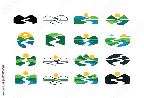 Iconic Lowland River Logos. Lowland. Icon set. Set Logo of Lowland: river across low plain. harmonious logo variations of the same emblematic concept, each
