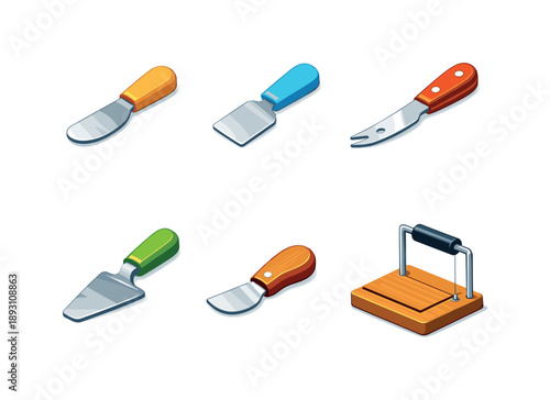Cheese Tools Collection. Cheese serving tools. Isometric flat vector icons set of cheese serving tools: cheese spreader knife, mini cheese spatula, tasting