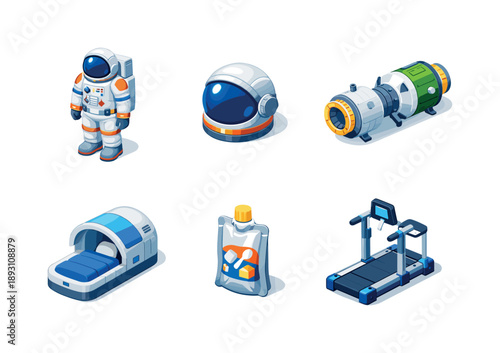 Spaceflight Icon Set. Human Spaceflight. Isometric flat vector icons set of Human Spaceflight: space suit, helmet visor, docking module, sleeping pod, food