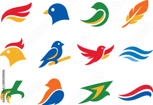 Two-Color vector icons of bird silhouettes: wing sweep, beak dot, tail arc, feather line, crest outline, perch mark, gliding