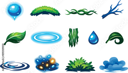 Two-Color vector icons of foxfire in dark forest: glowing foxfire bead, moss patch arc, twisted root line, branch silhouette,