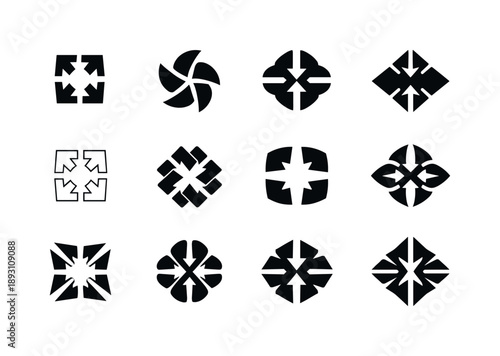 Teamwork Emblem Variations. Teamwork. Icon set. Set Logo of teamwork: united arrows pointing inward. harmonious logo variations of the same emblematic concept,