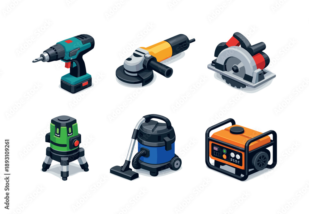 Naklejka premium Isometric Building Tools Grid. Building equipment. Isometric flat vector icons set of Building equipment: power drill machine, angle grinder tool, circular saw