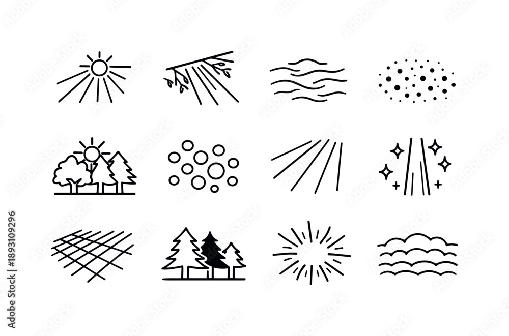 Fototapeta premium Forest Light Icons. Forest Light Effects. Line icon set of Forest Light Effects: sun rays, beam through branches, haze effect, glowing mist, filtered sunlight,