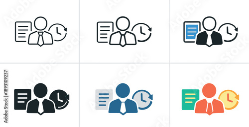 Daily corporate workflow symbol portraying a professional figure engaged in recurring office tasks alongside documents and time