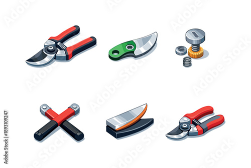 Pruning Tools Icons. Pruning equipment. Isometric flat vector icons set of pruning equipment: professional pruning shears, replaceable blade insert, tension