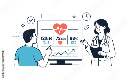Heart Health Monitoring. Preventive cardiology care. A patient checks heart metrics on a screen while a doctor provides guidance, symbolizing early detection