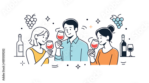 Elegant Wine Tasting. Wine tasting illustration. A calm scene with people holding wine glasses and gently swirling the wine, surrounded by simple grapes and
