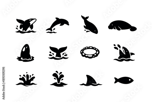 Marine Mammal Icons. Marine mammal behaviors. Solid icon set of marine mammal behaviors: breaching whale, leaping dolphin, diving seal, resting manatee,