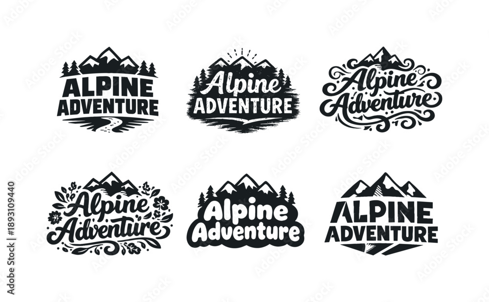 Fototapeta premium Alpine Lettering Variations. Alpine outdoor adventure lettering. Set lettering. harmonious lettering variations of the same emblematic concept, each with