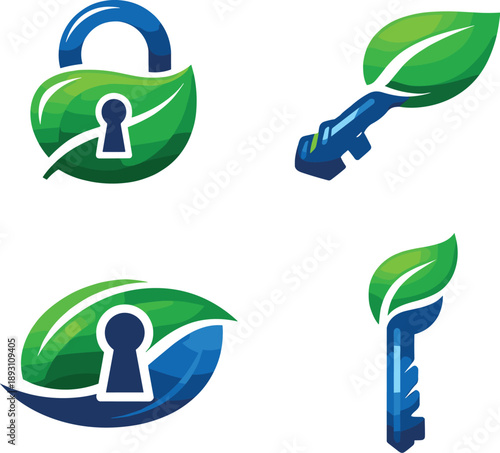 Natural Security Icons. Two-Color vector icons of natural security: leaf-key padlock, organic curve insert, stem-shaped bit,