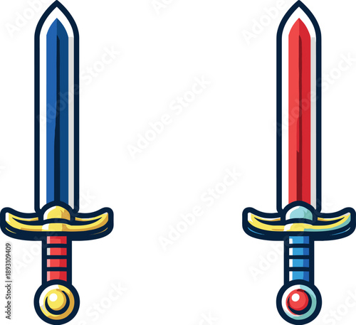 Two-Color vector icons of simple sword silhouette: plain blade line, soft hilt arc, even guard bend, rounded pommel dot; uniform