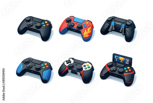 Esports Gaming Controllers. Esports. Isometric flat vector icons set of esports: pro gaming controller, customized controller, controller with paddles,